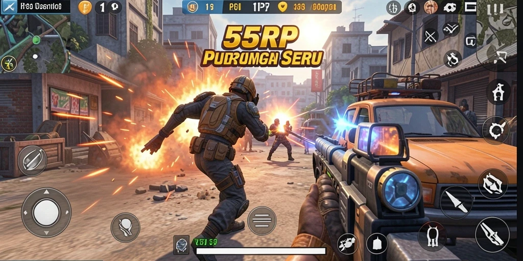 Screenshot gameplay 55RP menampilkan aksi pertempuran seru dengan grafis yang tajam.