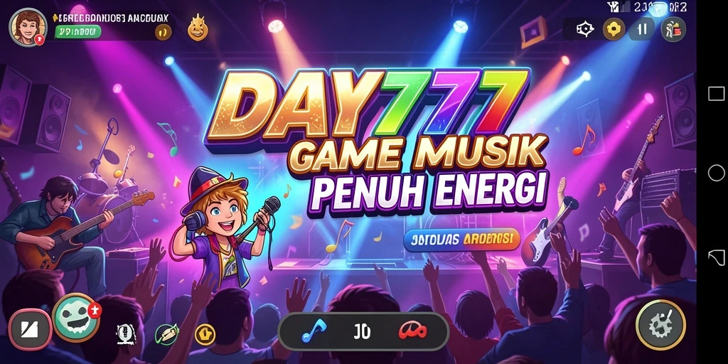 Screenshot utama DAY777 menampilkan gameplay musik yang seru.