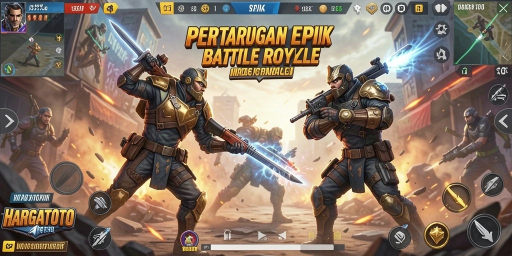 Screenshot utama HARGATOTO menampilkan aksi seru di Battle Royale.