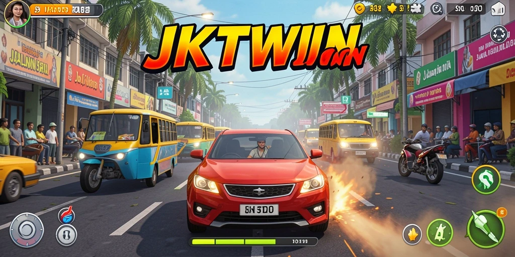 Screenshot utama JKTWIN menampilkan balapan mendebarkan di jalanan Jakarta.