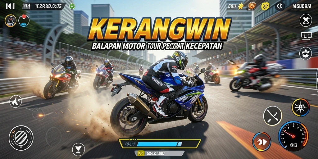 Tampilan gameplay seru dari KERANGWIN yang menampilkan balapan motor.