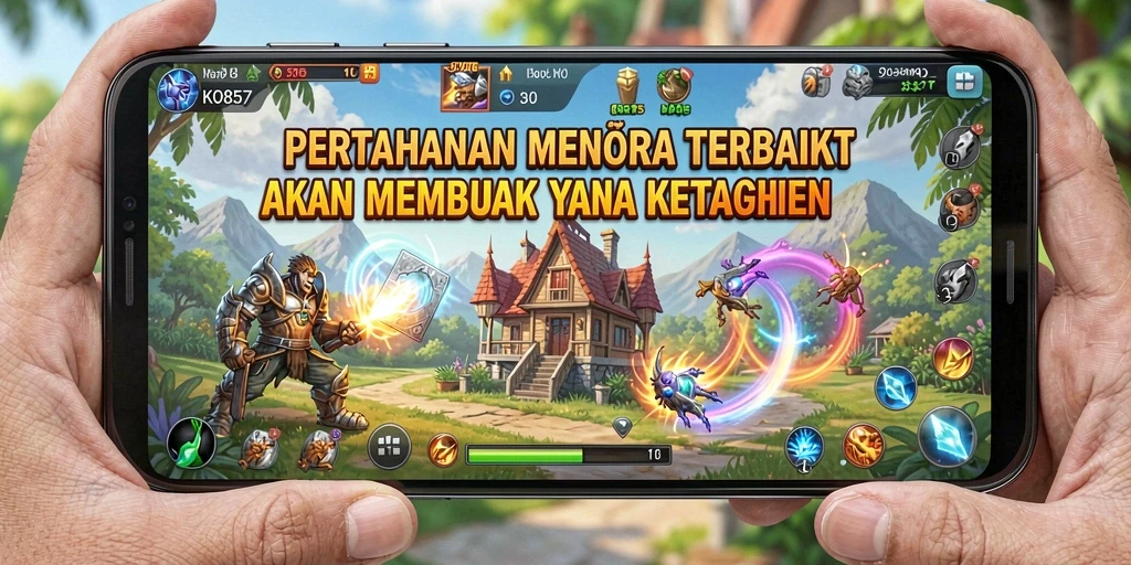 Screenshot menunjukkan aksi menara menangkal serangan musuh yang intens.