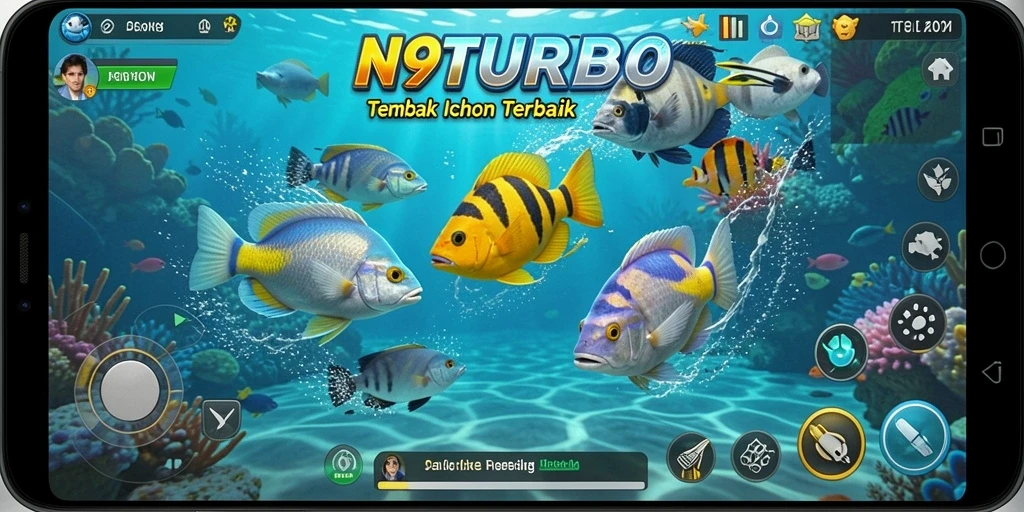 Gameplay seru dalam N9TURBO dengan aksi menembak ikan.