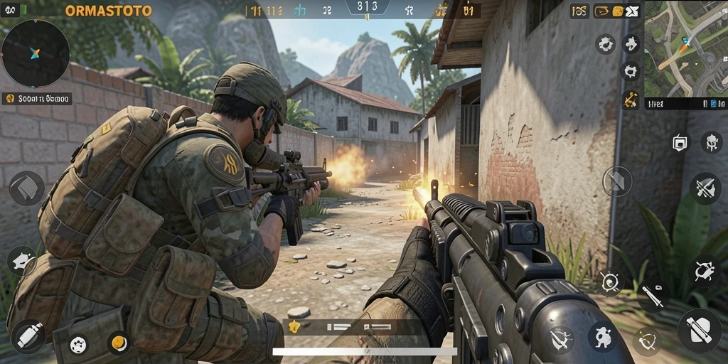 Screenshot gameplay ORMASTOTO menampilkan aksi menembak yang intens dan mendebarkan.
