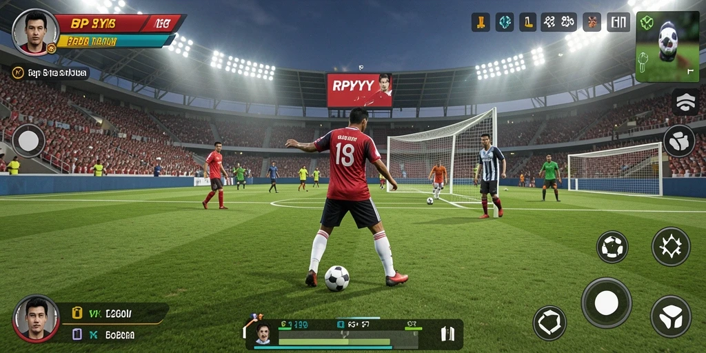 Tampilan gameplay RPYYY menunjukkan aksi seru tim sepak bola bertanding.