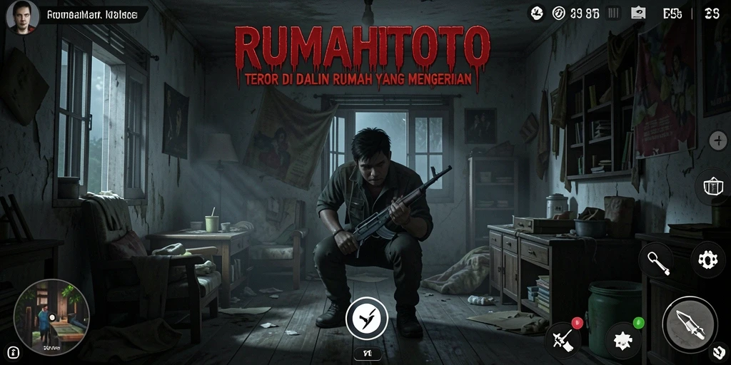 Screenshot gameplay RUMAHTOTO dengan suasana horor yang mencekam.