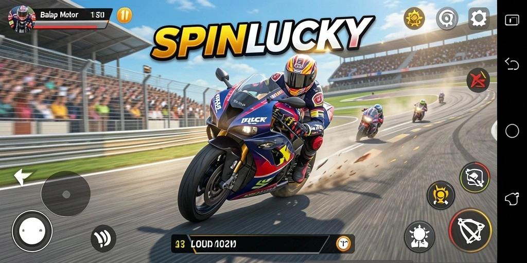 Tampilan gameplay menegangkan dari SPINLUCKY dengan berbagai motor balap.